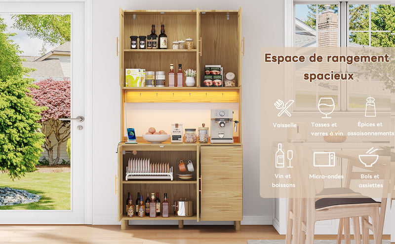 Buffet de Cuisine 183cm Naturel avec LED Contrôlée par App, Prises USB/Secteur, Tiroirs et Rangement Ajustable BRUQEIDS WOOD