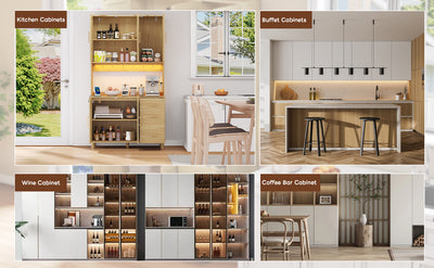 Buffet de Cuisine 183cm Naturel avec LED Contrôlée par App, Prises USB/Secteur, Tiroirs et Rangement Ajustable BRUQEIDS WOOD