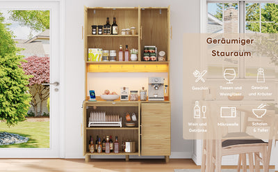 Buffet de Cuisine 183cm Naturel avec LED Contrôlée par App, Prises USB/Secteur, Tiroirs et Rangement Ajustable BRUQEIDS WOOD