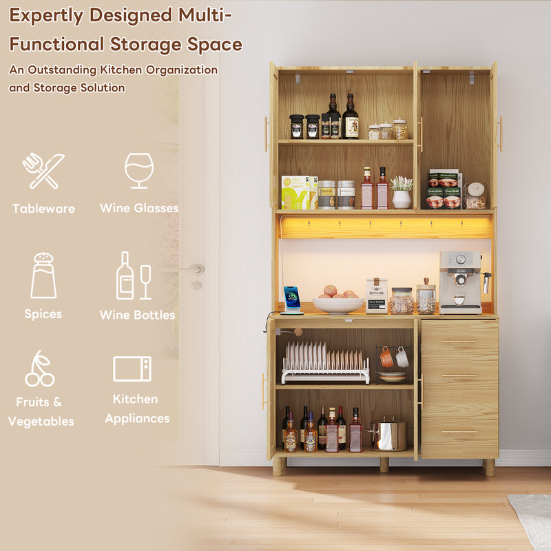 Buffet de Cuisine 183cm Naturel avec LED Contrôlée par App, Prises USB/Secteur, Tiroirs et Rangement Ajustable BRUQEIDS WOOD