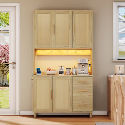 Buffet de Cuisine 183cm Naturel avec LED Contrôlée par App, Prises USB/Secteur, Tiroirs et Rangement Ajustable BRUQEIDS WOOD