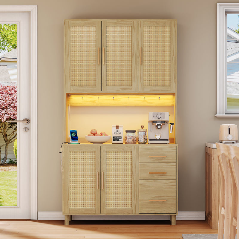 Buffet de Cuisine 183cm Naturel avec LED Contrôlée par App, Prises USB/Secteur, Tiroirs et Rangement Ajustable BRUQEIDS WOOD