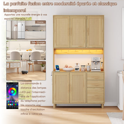 Buffet de Cuisine 183cm Naturel avec LED Contrôlée par App, Prises USB/Secteur, Tiroirs et Rangement Ajustable BRUQEIDS WOOD
