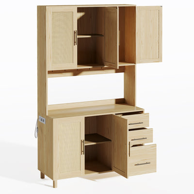 Buffet de Cuisine 183cm Naturel avec LED Contrôlée par App, Prises USB/Secteur, Tiroirs et Rangement Ajustable BRUQEIDS WOOD