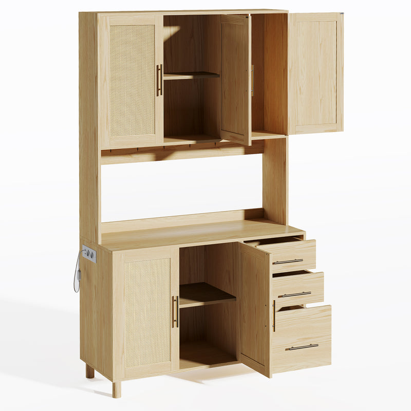 Buffet de Cuisine 183cm Naturel avec LED Contrôlée par App, Prises USB/Secteur, Tiroirs et Rangement Ajustable BRUQEIDS WOOD