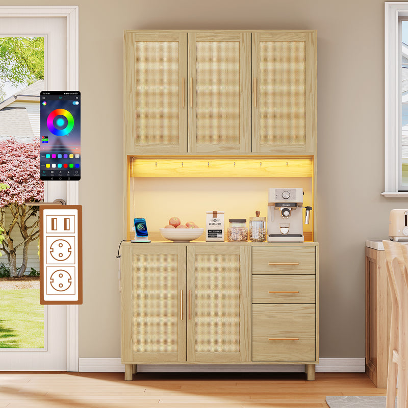 Buffet de Cuisine 183cm Naturel avec LED Contrôlée par App, Prises USB/Secteur, Tiroirs et Rangement Ajustable BRUQEIDS WOOD