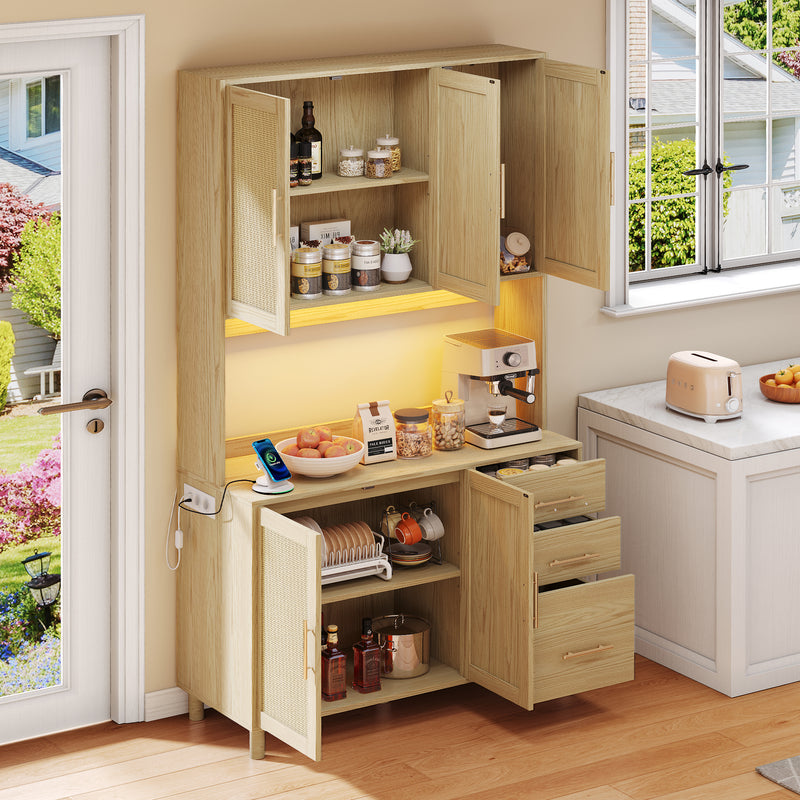 Buffet de Cuisine 183cm Naturel avec LED Contrôlée par App, Prises USB/Secteur, Tiroirs et Rangement Ajustable BRUQEIDS WOOD
