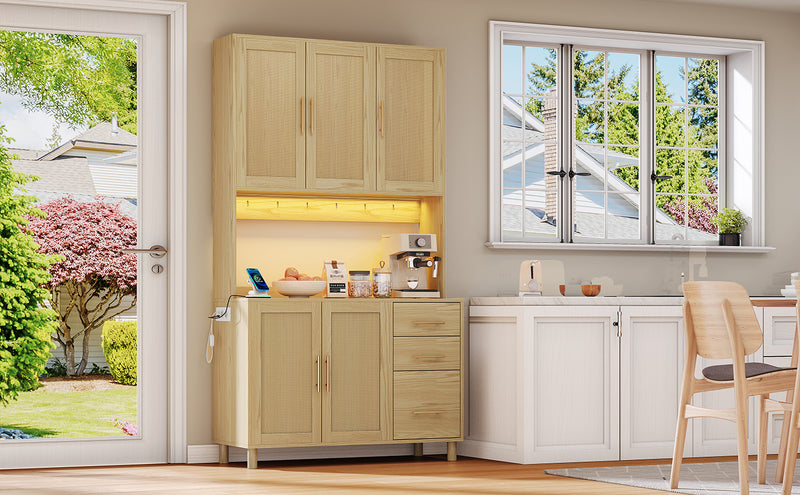 Buffet de Cuisine 183cm Naturel avec LED Contrôlée par App, Prises USB/Secteur, Tiroirs et Rangement Ajustable BRUQEIDS WOOD