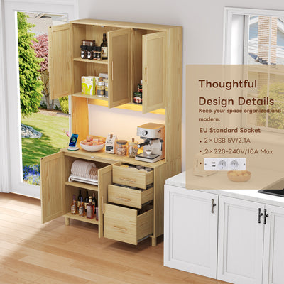 Buffet de Cuisine 183cm Naturel avec LED Contrôlée par App, Prises USB/Secteur, Tiroirs et Rangement Ajustable BRUQEIDS WOOD