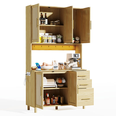Buffet de Cuisine 183cm Naturel avec LED Contrôlée par App, Prises USB/Secteur, Tiroirs et Rangement Ajustable BRUQEIDS WOOD