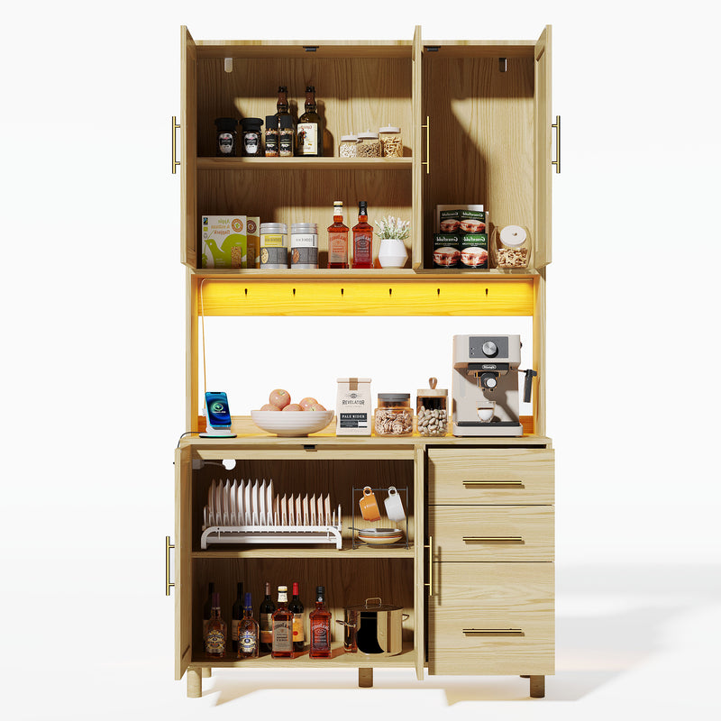 Buffet de Cuisine 183cm Naturel avec LED Contrôlée par App, Prises USB/Secteur, Tiroirs et Rangement Ajustable BRUQEIDS WOOD