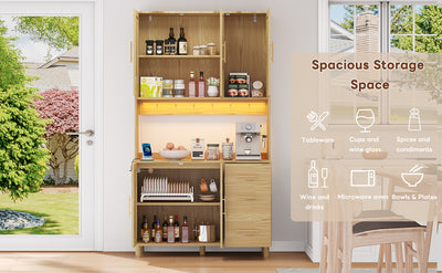 Buffet de Cuisine 183cm Naturel avec LED Contrôlée par App, Prises USB/Secteur, Tiroirs et Rangement Ajustable BRUQEIDS WOOD