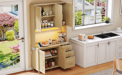 Buffet de Cuisine 183cm Naturel avec LED Contrôlée par App, Prises USB/Secteur, Tiroirs et Rangement Ajustable BRUQEIDS WOOD