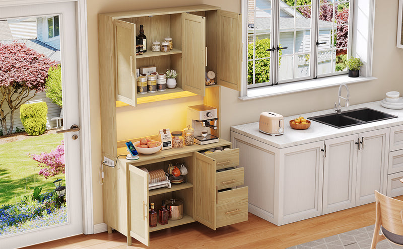 Buffet de Cuisine 183cm Naturel avec LED Contrôlée par App, Prises USB/Secteur, Tiroirs et Rangement Ajustable BRUQEIDS WOOD