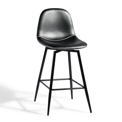 Set of 2 industrial style black PU swivel bar stools with white stitching 67Hcm CHARLTON COUNTER BLACK PU BLACK LEG 2PCS