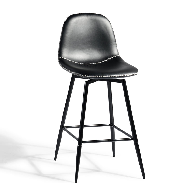 Set of 2 industrial style black PU swivel bar stools with white stitching 67Hcm CHARLTON COUNTER BLACK PU BLACK LEG 2PCS