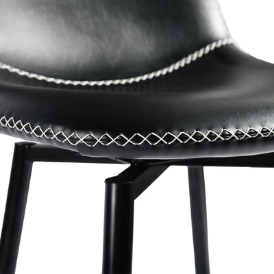 Set of 2 industrial style black PU swivel bar stools with white stitching 67Hcm CHARLTON COUNTER BLACK PU BLACK LEG 2PCS