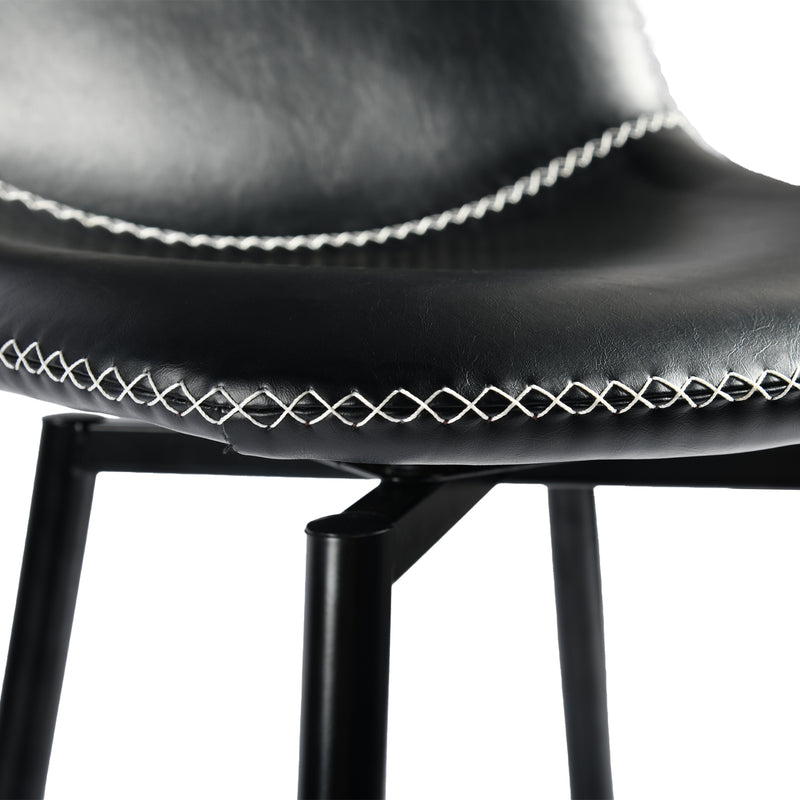 Set of 2 industrial style black PU swivel bar stools with white stitching 67Hcm CHARLTON COUNTER BLACK PU BLACK LEG 2PCS