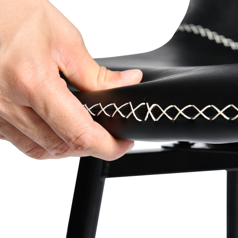 Set of 2 industrial style black PU swivel bar stools with white stitching 67Hcm CHARLTON COUNTER BLACK PU BLACK LEG 2PCS