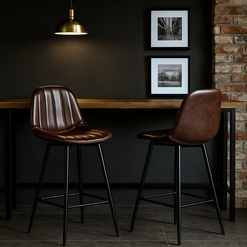 Set of 2 Vintage Faux Suede Industrial Style Swivel Bar Stools 67Hcm CHARLTON COUNTER SUEDE BROWN BLACK LEG 2PCS