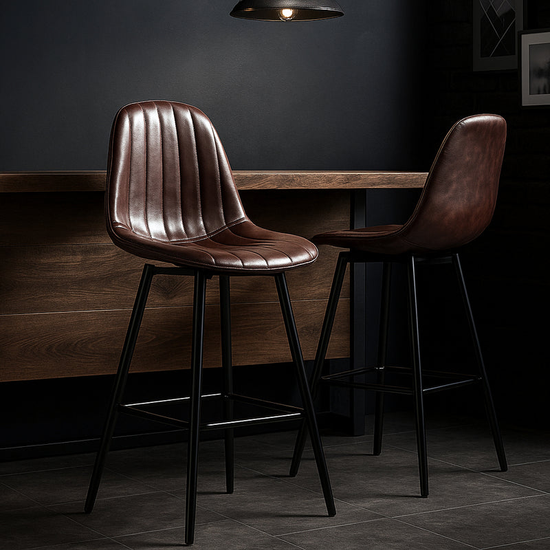 Set of 2 Vintage Faux Suede Industrial Style Swivel Bar Stools 67Hcm CHARLTON COUNTER SUEDE BROWN BLACK LEG 2PCS