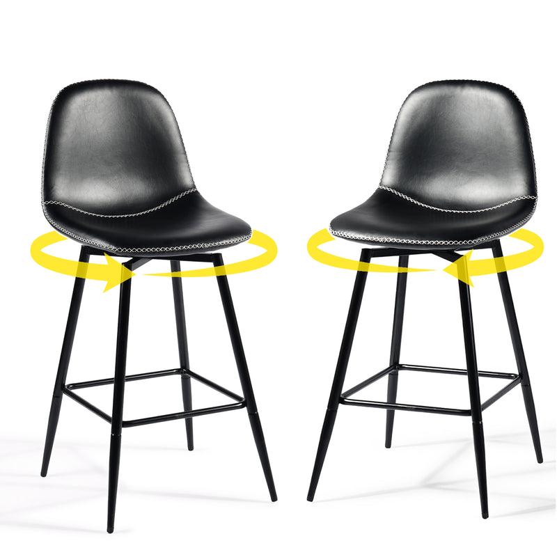 Set of 2 industrial style black PU swivel bar stools with white stitching 67Hcm CHARLTON COUNTER BLACK PU BLACK LEG 2PCS