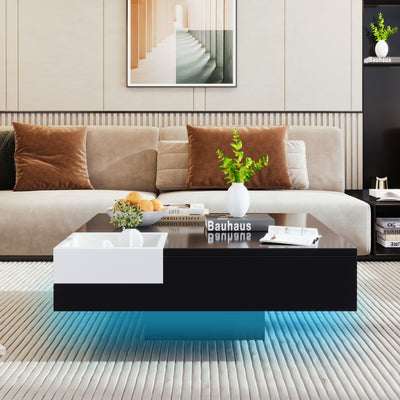 Table Basse Carrée Moderne Bicolore Noir & Blanc Laqué avec Boîte de Rangement Amovible et Éclairage LED RGB (72x72x30cm) CROKS BLACK