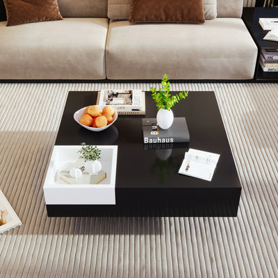 Table Basse Carrée Moderne Bicolore Noir & Blanc Laqué avec Boîte de Rangement Amovible et Éclairage LED RGB (72x72x30cm) CROKS BLACK
