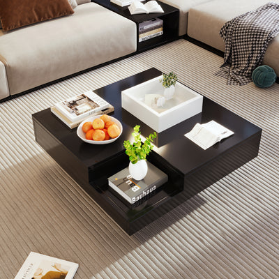 Table Basse Carrée Moderne Bicolore Noir & Blanc Laqué avec Boîte de Rangement Amovible et Éclairage LED RGB (72x72x30cm) CROKS BLACK