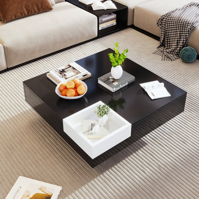 Table Basse Carrée Moderne Bicolore Noir & Blanc Laqué avec Boîte de Rangement Amovible et Éclairage LED RGB (72x72x30cm) CROKS BLACK
