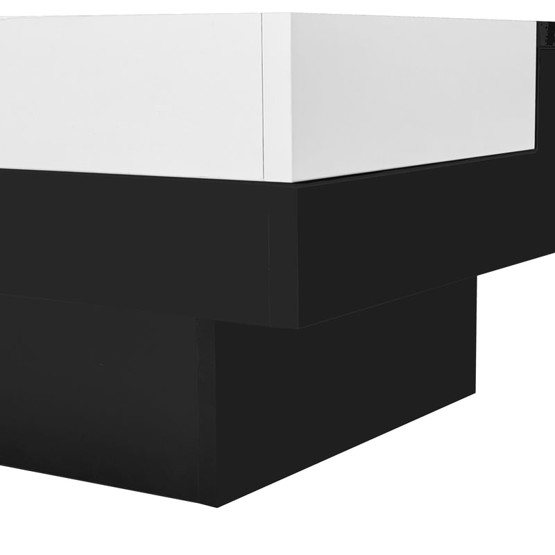Table Basse Carrée Moderne Bicolore Noir & Blanc Laqué avec Boîte de Rangement Amovible et Éclairage LED RGB (72x72x30cm) CROKS BLACK