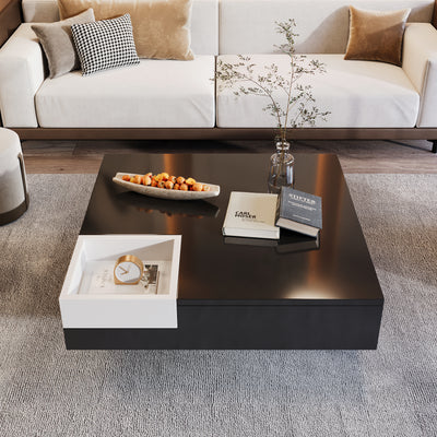 Table Basse Carrée Moderne Bicolore Noir & Blanc Laqué avec Boîte de Rangement Amovible et Éclairage LED RGB (72x72x30cm) CROKS BLACK