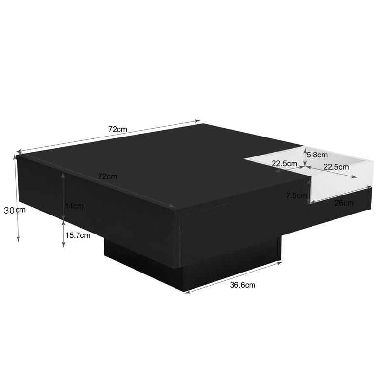 Table Basse Carrée Moderne Bicolore Noir & Blanc Laqué avec Boîte de Rangement Amovible et Éclairage LED RGB (72x72x30cm) CROKS BLACK