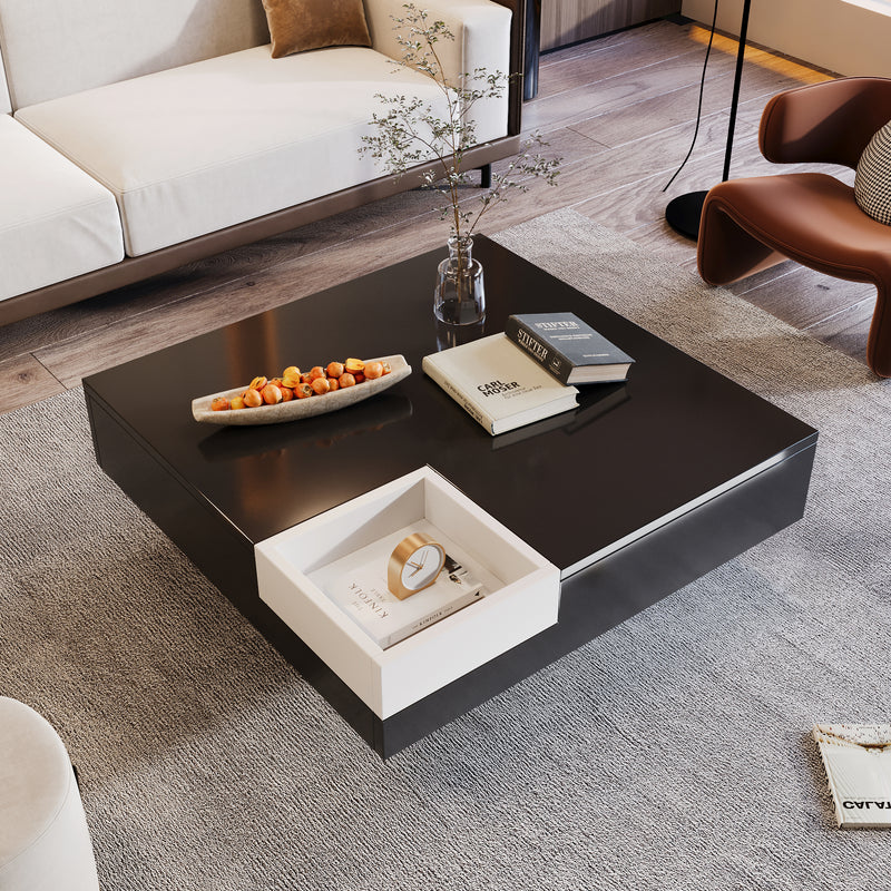 Table Basse Carrée Moderne Bicolore Noir & Blanc Laqué avec Boîte de Rangement Amovible et Éclairage LED RGB (72x72x30cm) CROKS BLACK