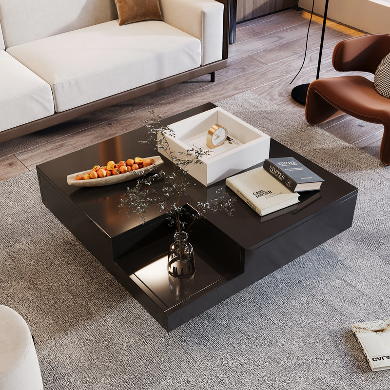 Table Basse Carrée Moderne Bicolore Noir & Blanc Laqué avec Boîte de Rangement Amovible et Éclairage LED RGB (72x72x30cm) CROKS BLACK