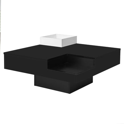 Table Basse Carrée Moderne Bicolore Noir & Blanc Laqué avec Boîte de Rangement Amovible et Éclairage LED RGB (72x72x30cm) CROKS BLACK