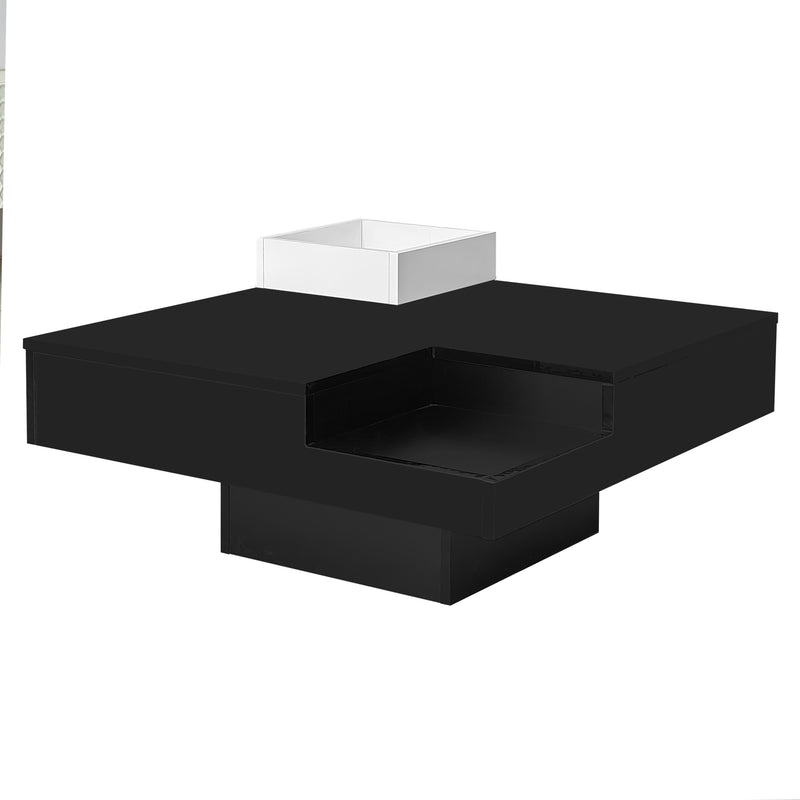 Table Basse Carrée Moderne Bicolore Noir & Blanc Laqué avec Boîte de Rangement Amovible et Éclairage LED RGB (72x72x30cm) CROKS BLACK