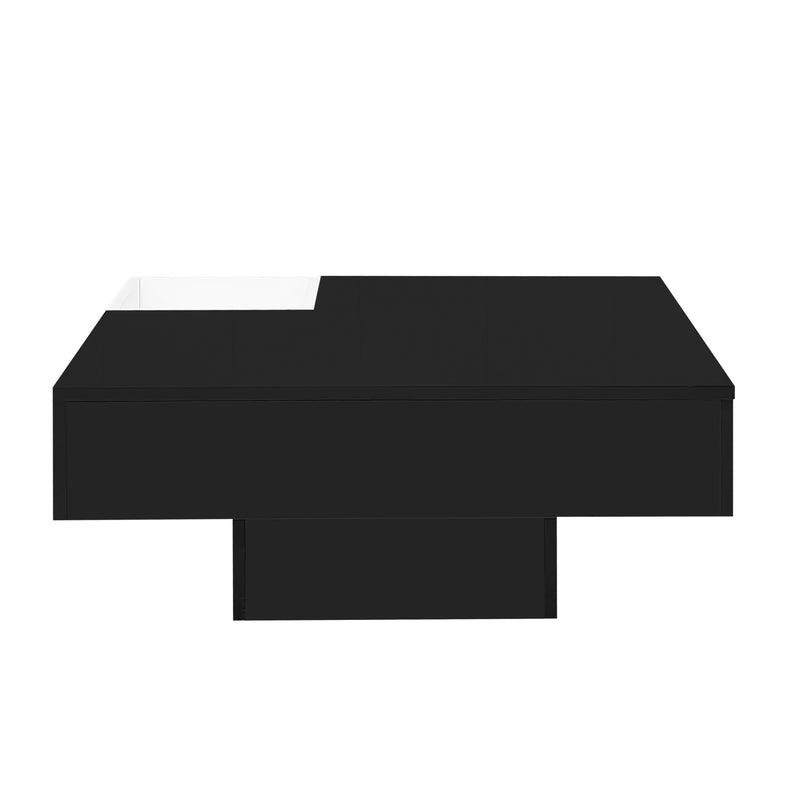 Table Basse Carrée Moderne Bicolore Noir & Blanc Laqué avec Boîte de Rangement Amovible et Éclairage LED RGB (72x72x30cm) CROKS BLACK