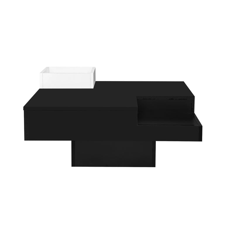 Table Basse Carrée Moderne Bicolore Noir & Blanc Laqué avec Boîte de Rangement Amovible et Éclairage LED RGB (72x72x30cm) CROKS BLACK