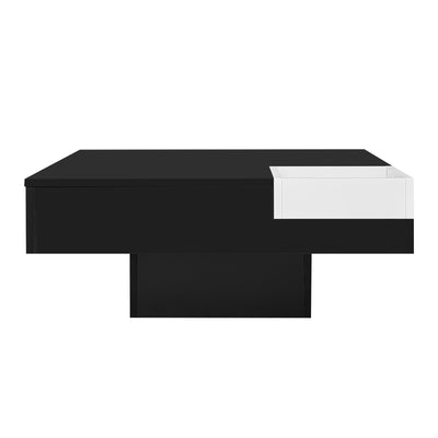 Table Basse Carrée Moderne Bicolore Noir & Blanc Laqué avec Boîte de Rangement Amovible et Éclairage LED RGB (72x72x30cm) CROKS BLACK