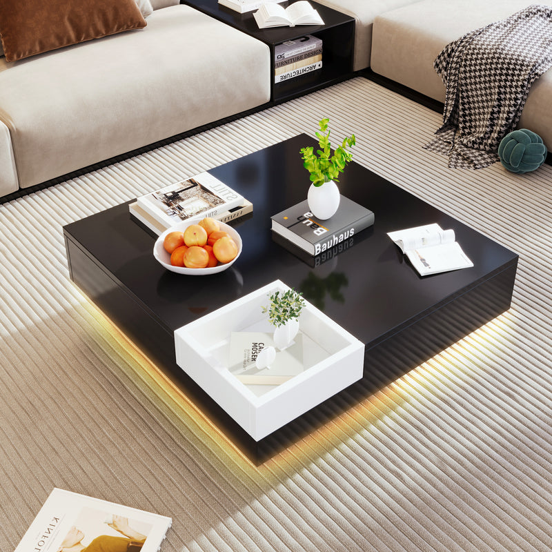 Table Basse Carrée Moderne Bicolore Noir & Blanc Laqué avec Boîte de Rangement Amovible et Éclairage LED RGB (72x72x30cm) CROKS BLACK
