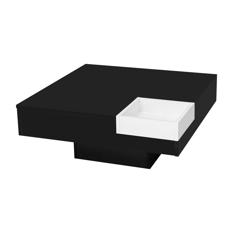 Table Basse Carrée Moderne Bicolore Noir & Blanc Laqué avec Boîte de Rangement Amovible et Éclairage LED RGB (72x72x30cm) CROKS BLACK