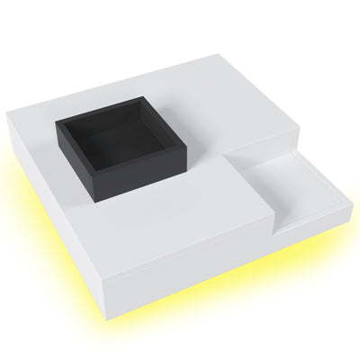 Table Basse Carrée Moderne Bicolore Blanc & Noir Laqué avec Boîte de Rangement Amovible et Éclairage LED RGB (72x72x30cm) CROKS WHITE