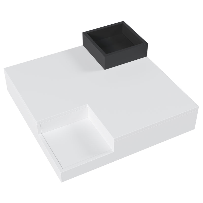 Table Basse Carrée Moderne Bicolore Blanc & Noir Laqué avec Boîte de Rangement Amovible et Éclairage LED RGB (72x72x30cm) CROKS WHITE