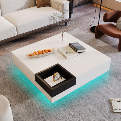 Table Basse Carrée Moderne Bicolore Blanc & Noir Laqué avec Boîte de Rangement Amovible et Éclairage LED RGB (72x72x30cm) CROKS WHITE