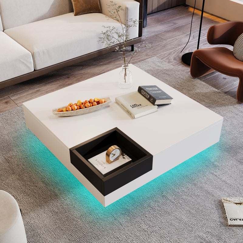 Table Basse Carrée Moderne Bicolore Blanc & Noir Laqué avec Boîte de Rangement Amovible et Éclairage LED RGB (72x72x30cm) CROKS WHITE