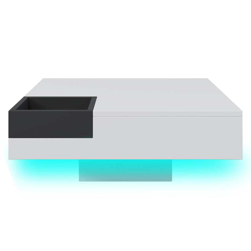 Table Basse Carrée Moderne Bicolore Blanc & Noir Laqué avec Boîte de Rangement Amovible et Éclairage LED RGB (72x72x30cm) CROKS WHITE