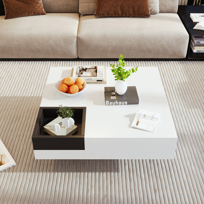 Table Basse Carrée Moderne Bicolore Blanc & Noir Laqué avec Boîte de Rangement Amovible et Éclairage LED RGB (72x72x30cm) CROKS WHITE