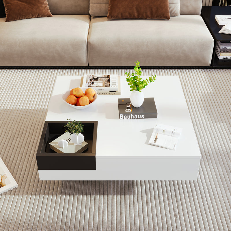 Table Basse Carrée Moderne Bicolore Blanc & Noir Laqué avec Boîte de Rangement Amovible et Éclairage LED RGB (72x72x30cm) CROKS WHITE