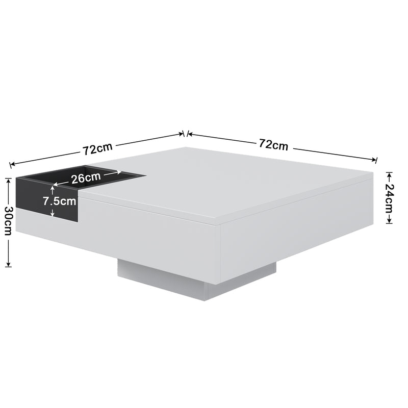 Table Basse Carrée Moderne Bicolore Blanc & Noir Laqué avec Boîte de Rangement Amovible et Éclairage LED RGB (72x72x30cm) CROKS WHITE